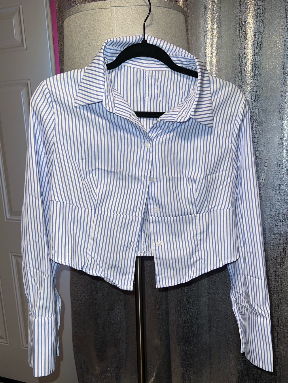 Striped Blue & White Cropped Button-Up Shirt Cropped